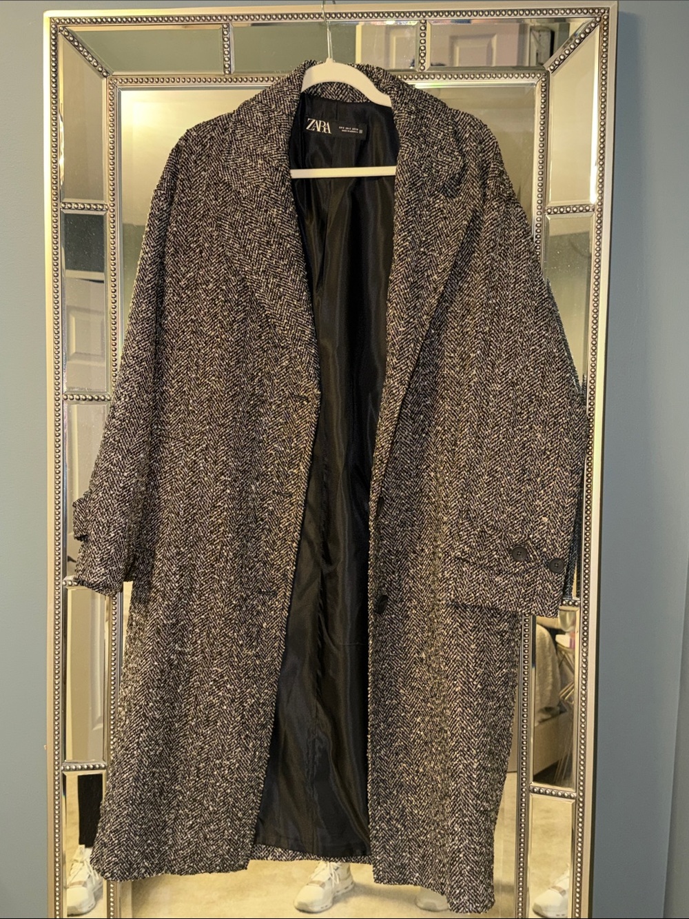 Zara Black and Gray Tweed Long Trench Coat